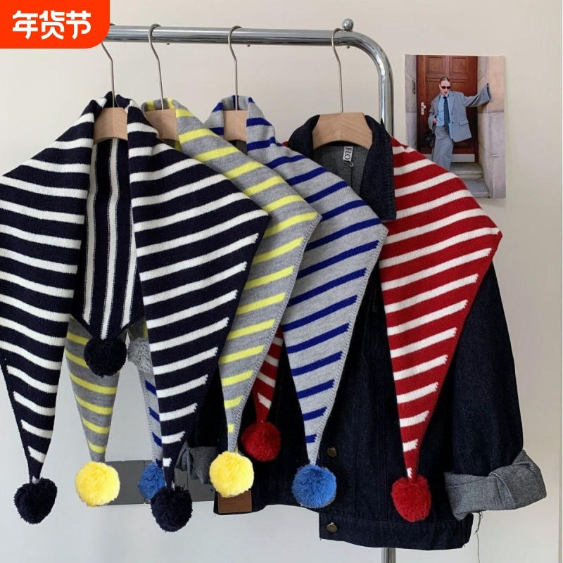 新款日系球球条纹三角围巾圣诞红色围脖保暖百搭披肩女学生秋冬