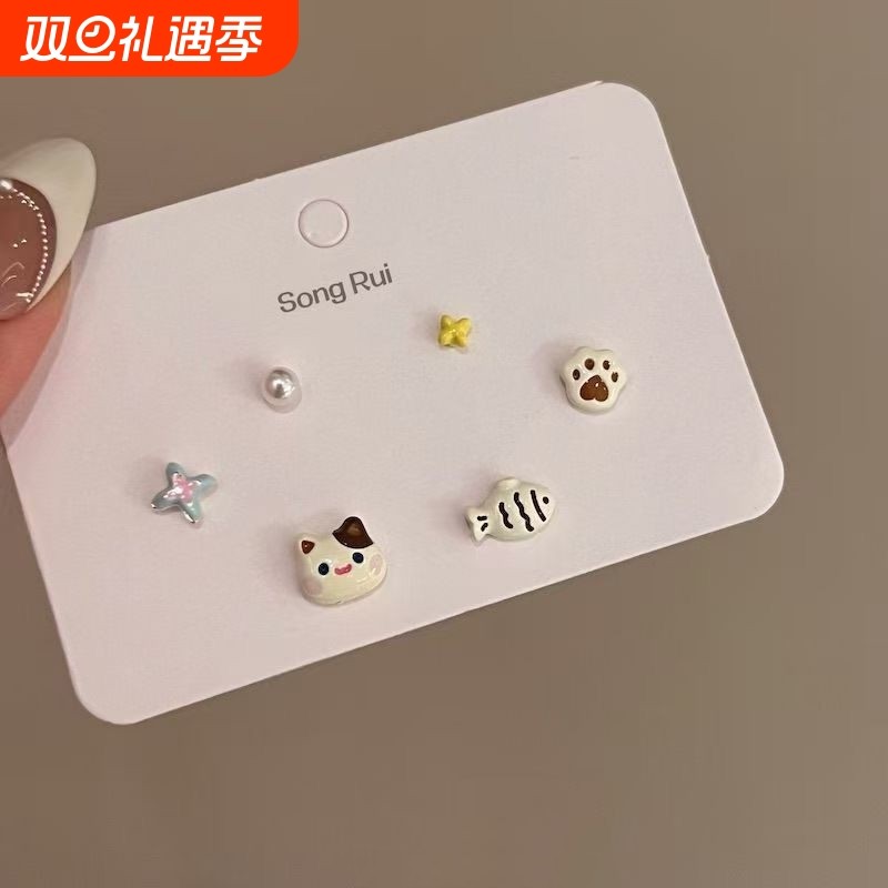 猫猫和小鱼_童趣可爱小鱼套装耳钉女小众设计甜美耳环无耳洞耳夹