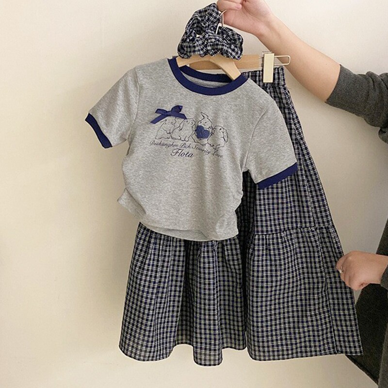 女童格子裙套装夏季2026新款儿童夏装女孩短袖T恤两件套兔子速干
