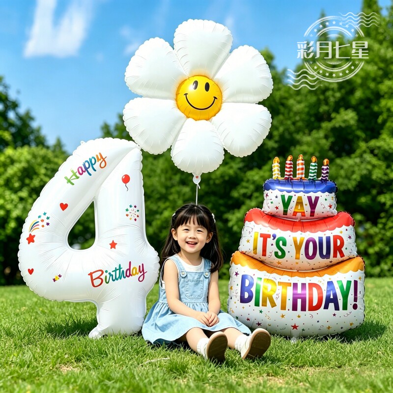 数字气球彩色三层生日蛋糕铝膜儿童生日派对装饰布置拍照室内充气