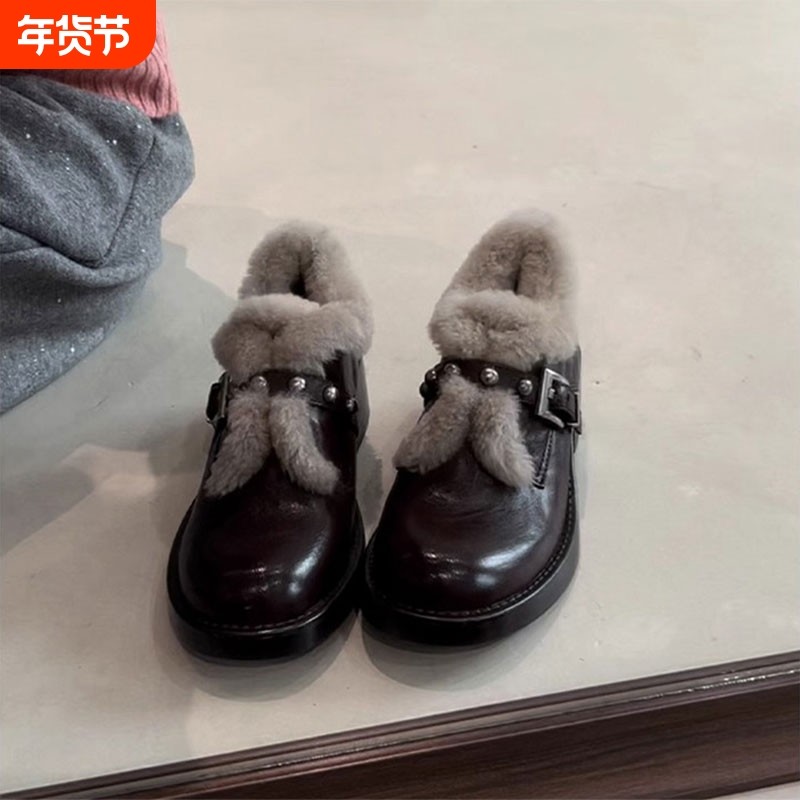 时尚英伦风粗跟加绒毛毛小皮鞋女2025秋冬新款百搭棕色小个子单鞋,女鞋,深口单鞋,淘宝优惠券,粉丝福利购,淘宝优惠卷