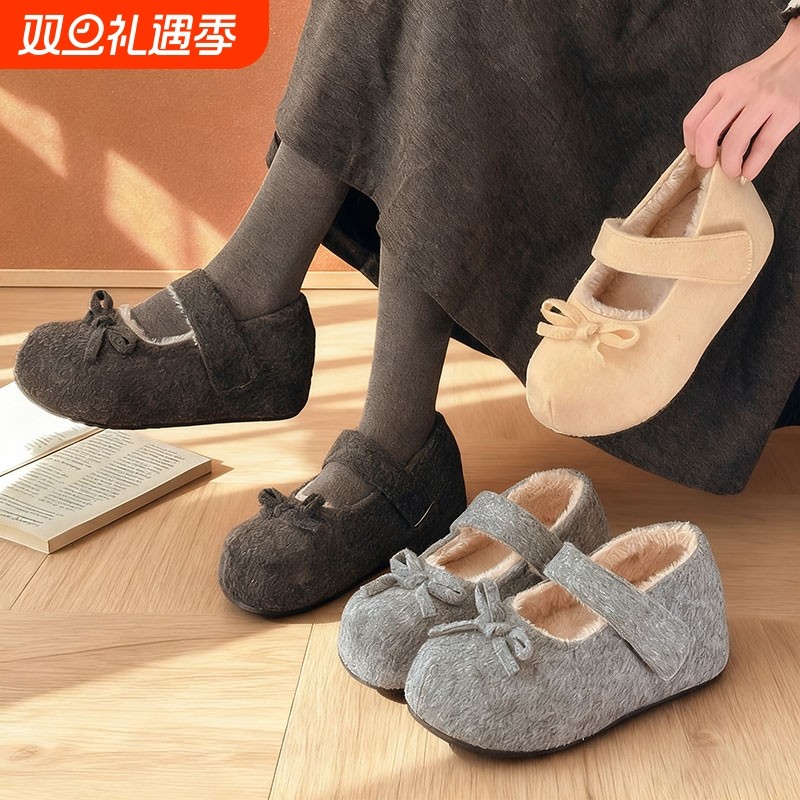 5CM内增高毛毛鞋女外穿秋冬季新款魔术贴玛丽珍棉鞋加绒勃肯鞋子