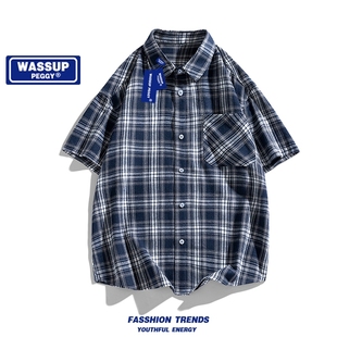 男夏季 潮牌宽松休闲短袖 PEGGY格子条纹衬衫 WASSUP 衬衣设计感外套
