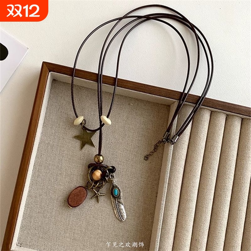 新中式复古民族风长款吊坠女小众百搭叠戴韩系配饰项链皮绳羽毛