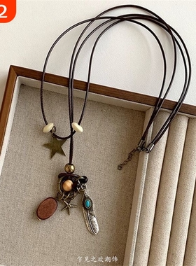 新中式复古民族风长款吊坠女小众百搭叠戴韩系配饰项链皮绳羽毛