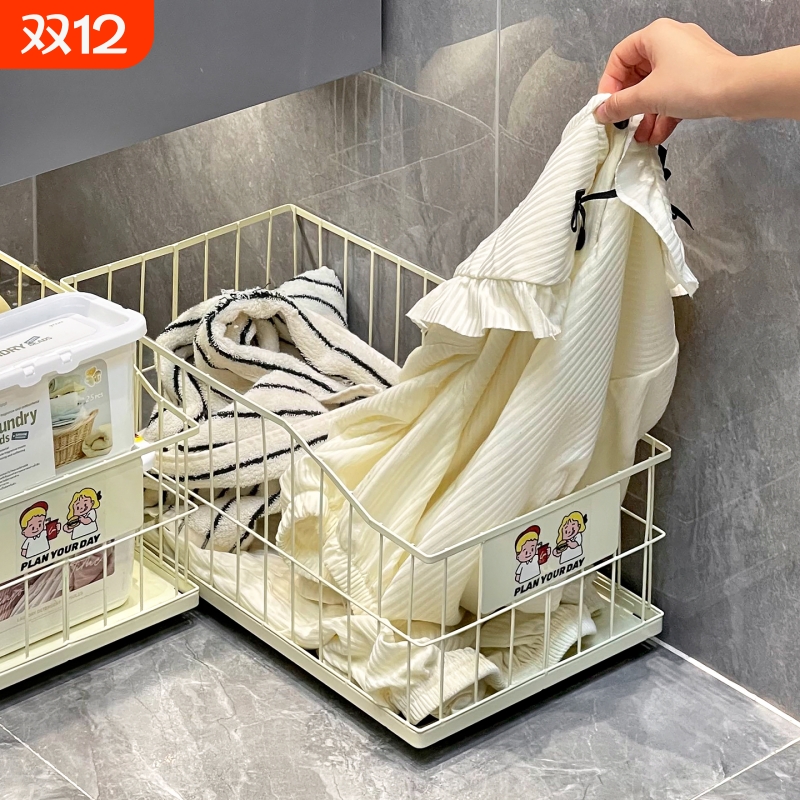 奶油风浴室柜下脏衣篮带轮