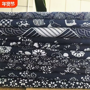 5乌镇蓝青印花桌布布料碎花涤棉民族窗帘粗亚麻布长方形复古兰花