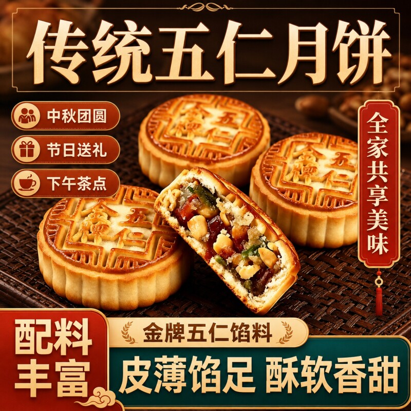 广式五仁月饼中秋老式传统手工月饼黑芝麻中秋解馋糕点散装哈密瓜