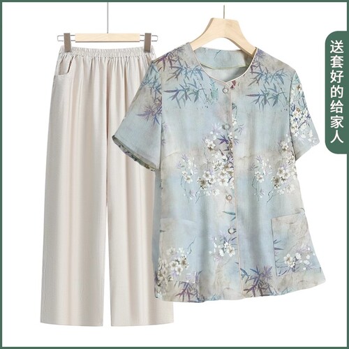 中老年夏季冰丝套装妈妈短袖衬衫