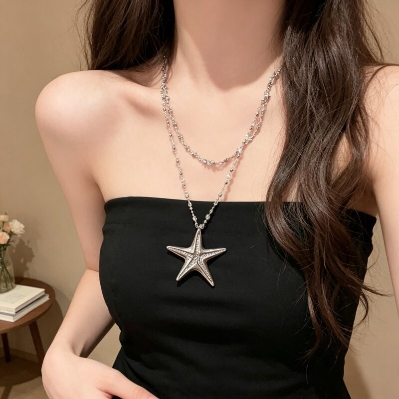 甜酷银色海星长款项链女新款y2k千禧辣妹设计感锁骨链挂脖配饰品