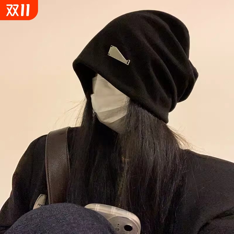 高级感堆堆帽女秋冬冷帽头套月子帽大头围显脸小针织帽子灰色黑色