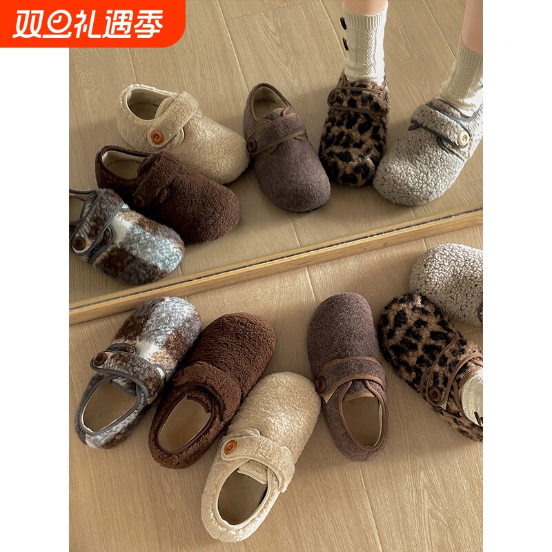 白色加绒厚底勃肯鞋女2025新款冬季外穿增高保暖毛毛棉鞋毛绒灰色