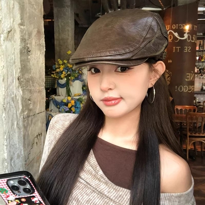 复古pu皮质前进帽男女秋冬时尚英伦风报童帽街头时髦个性画家帽子