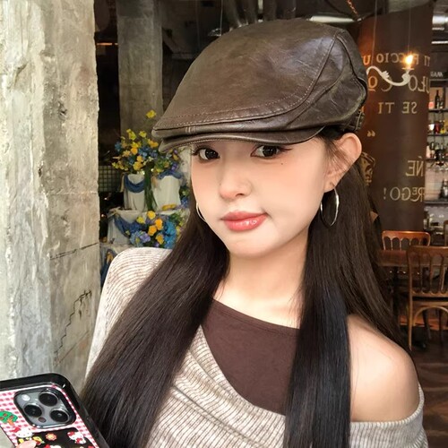复古pu皮质前进帽男女秋冬时尚英伦风报童帽街头时髦个性画家帽子