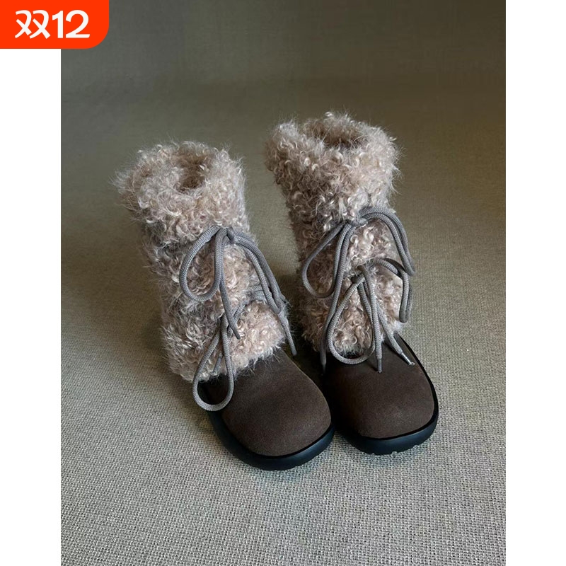 牛皮版~复古厚底棕色靴子加绒短靴女款冬季保暖毛毛鞋新款雪地靴