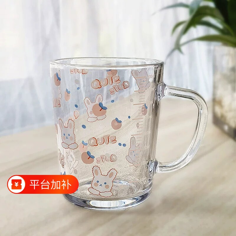 ins卡通杯子玻璃杯吸管杯勺刻度牛奶杯早餐杯情侣用微波炉便携