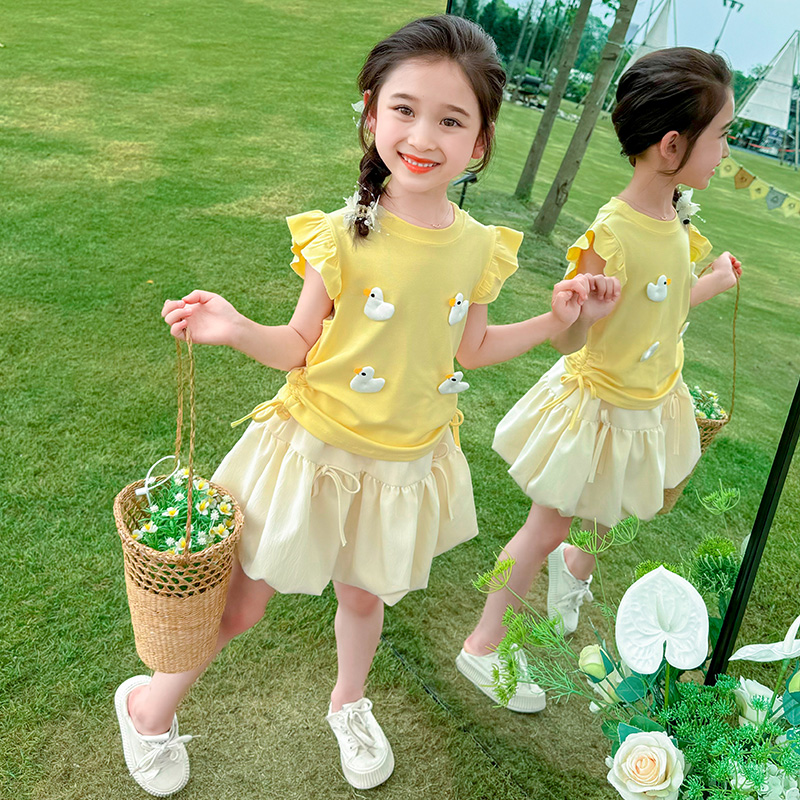 女童夏装套装2025夏季新款儿童洋气时髦宝宝小飞袖花苞裙两件套潮