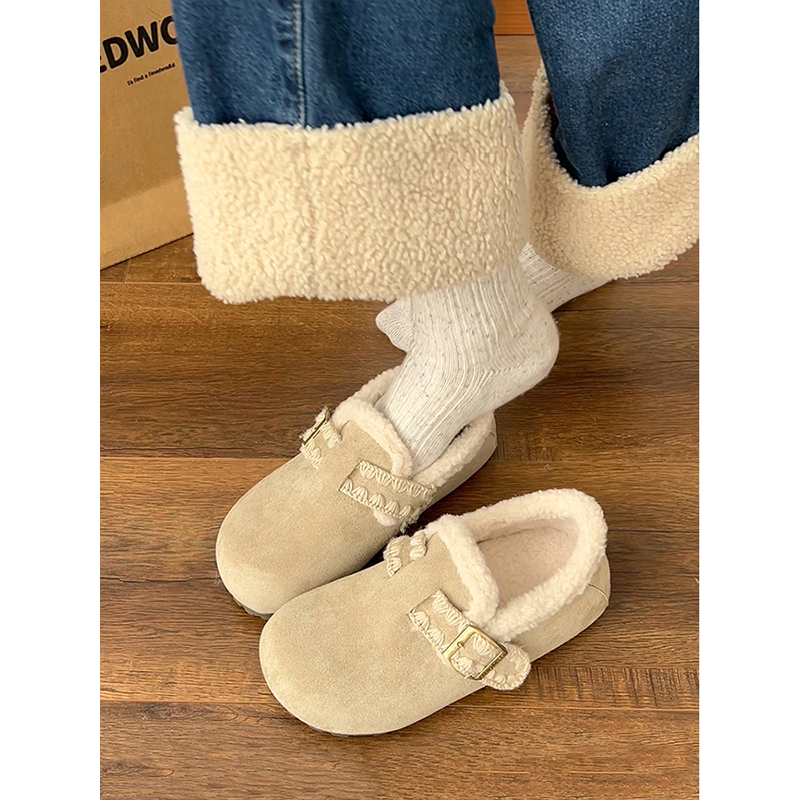 白色加绒加厚保暖平底棉鞋女2025新款冬季一脚蹬软底勃肯鞋子毛绒