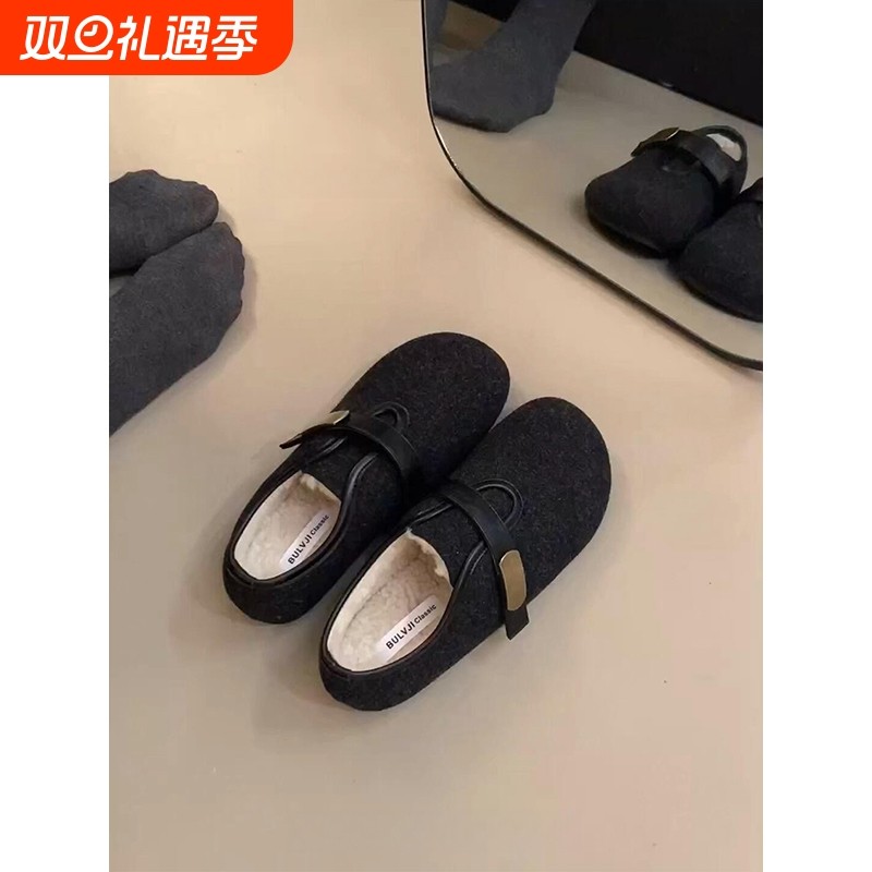 加绒保暖单鞋女2025冬季新款复古呢子内增高毛毛棉鞋冬天通勤女鞋