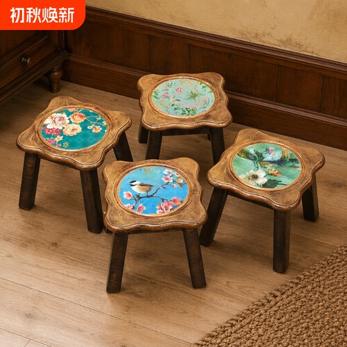 新款美式乡村小凳子实木家用换鞋凳欧式田园矮凳圆凳复古做旧艺术