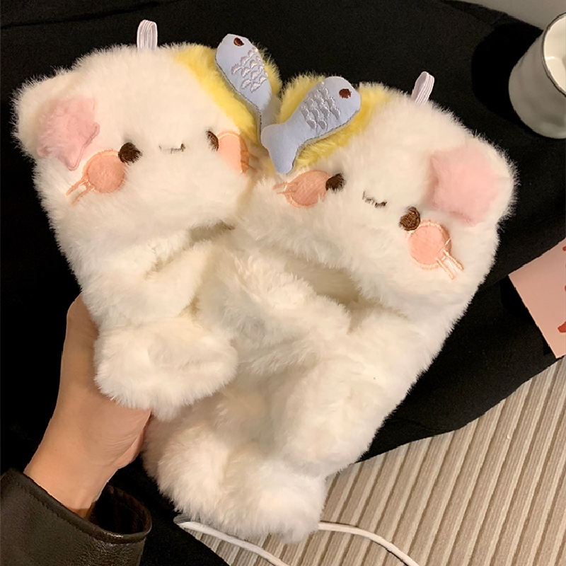 可爱毛绒猫猫手套女冬季翻盖半指可触屏潮加厚保暖骑车猫咪冬日