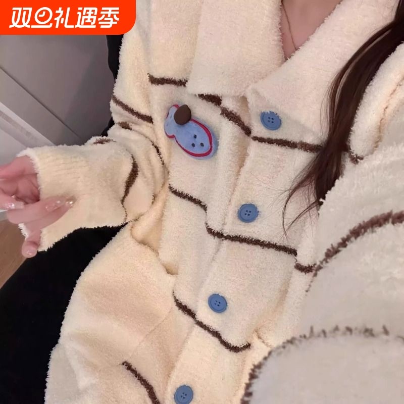 2025新款针织半边绒睡衣女冬季加厚保暖可外穿家居服套装大码红色