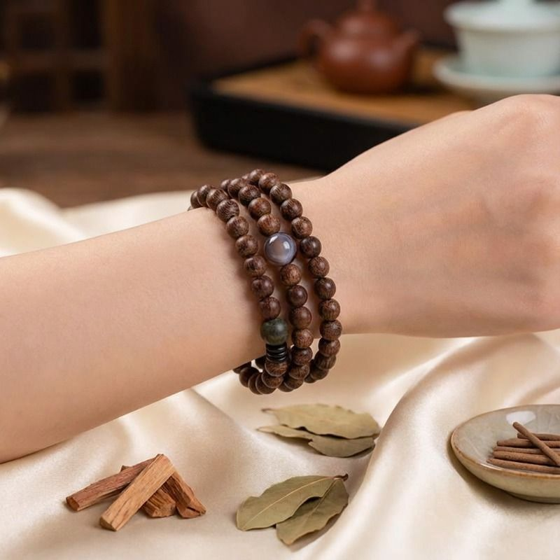 国潮爆款天然金丝檀木三圈手链女款轻奢木纹佛珠手串多圈檀香珠子