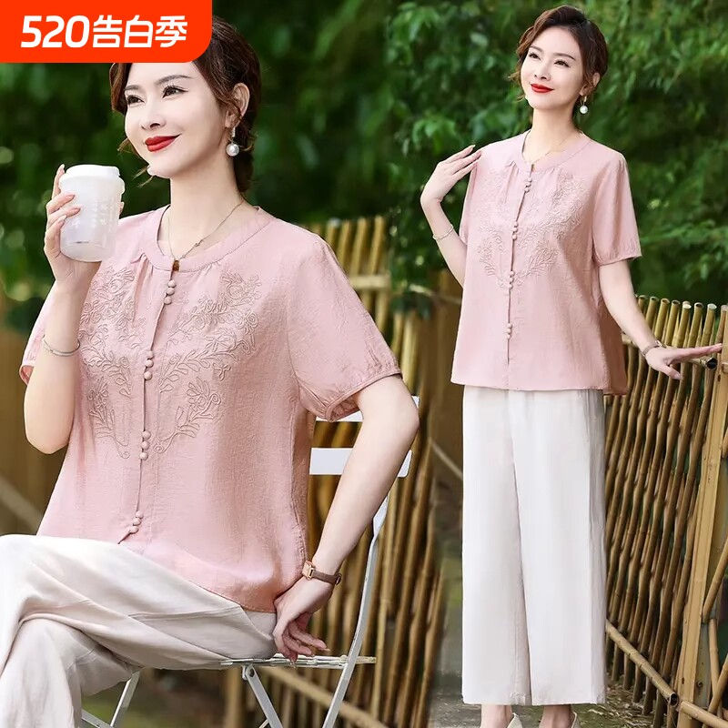 母亲节妈妈夏季薄款洋气国风短袖上衣女夏装时尚中老年上衣服衬衫