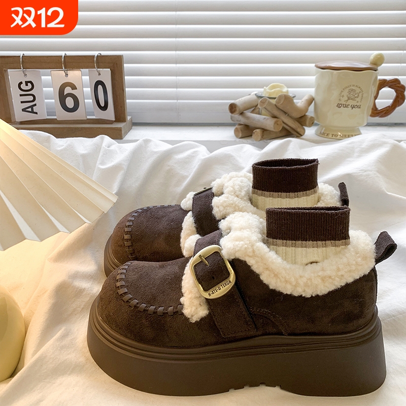 厚底加绒乐福棉鞋女2025秋冬新款保暖毛毛雪地靴英伦风小皮鞋灰色