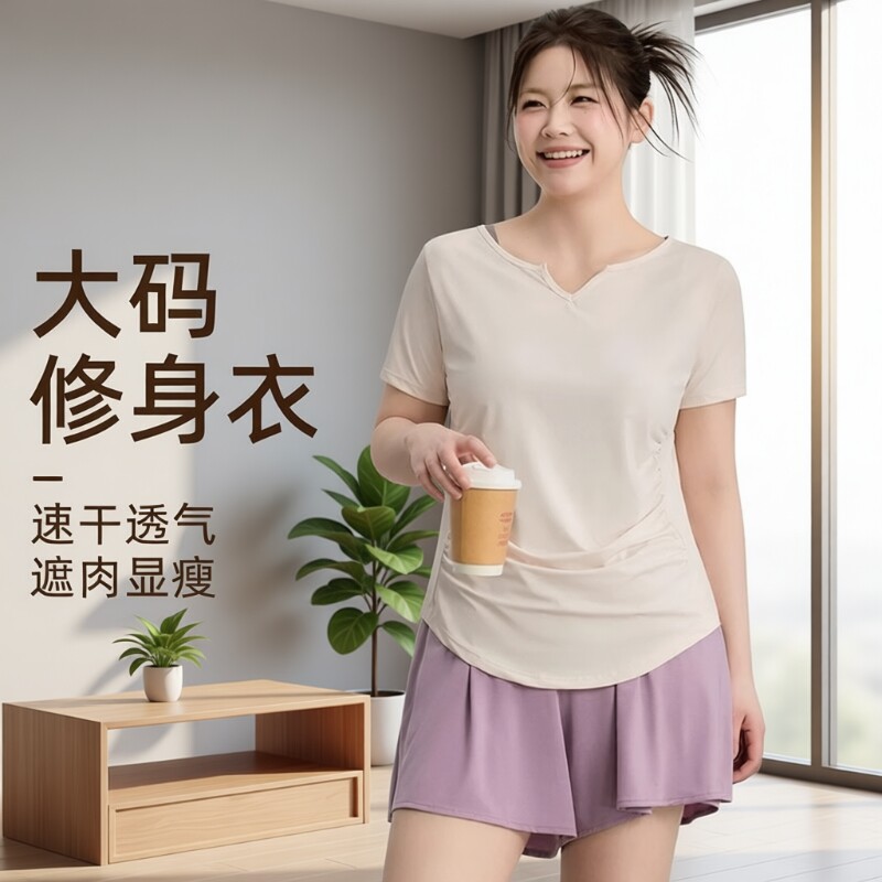 大码瑜伽服女运动短袖速干上衣跑步健身服T恤胖mm套装夏普拉提