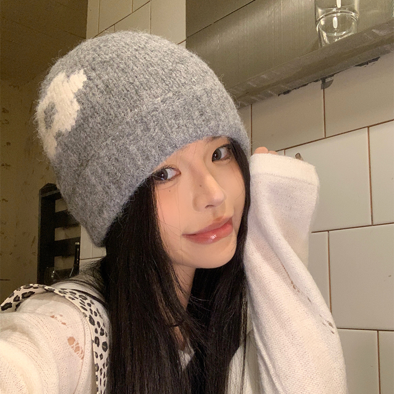 甜美可爱小花针织毛线帽子女秋冬显脸小保暖弹力大头围套头冷帽
