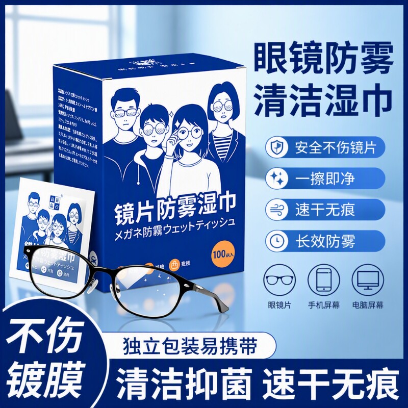 镜片防雾湿巾擦眼镜布清洁眼镜布防起雾除雾神器冬季擦拭屏幕速干