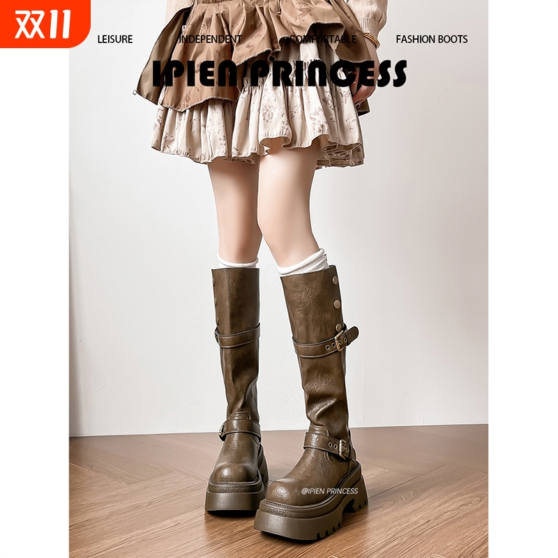 美拉德棕色长筒靴女2025春秋新款胖mm粗腿增高骑士靴小个子高筒靴