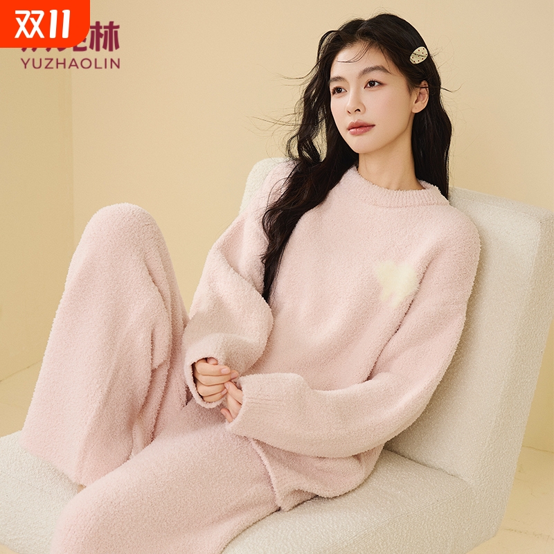 俞兆林半边绒睡衣女套头圆领秋冬加绒保暖女士家居服可外穿时尚
