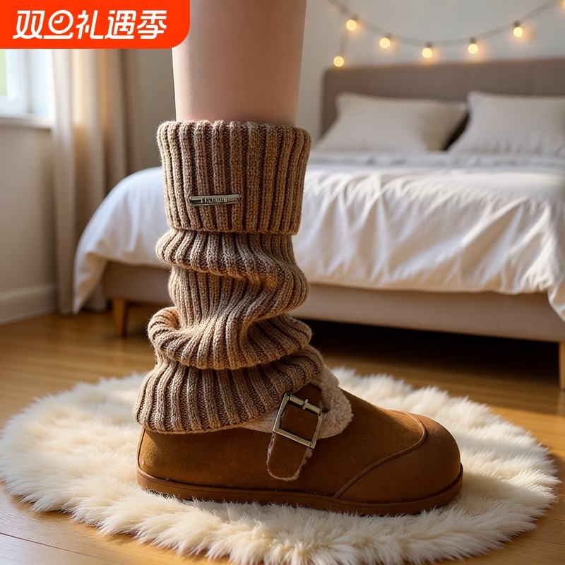 袜套堆堆秋冬季加厚加绒保暖小腿袜冬季配雪地靴羊毛长袜灰色针织