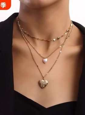 欧美爱心珍珠项链女甜酷风多层叠戴气质颈链复古个性桃心锁骨链潮