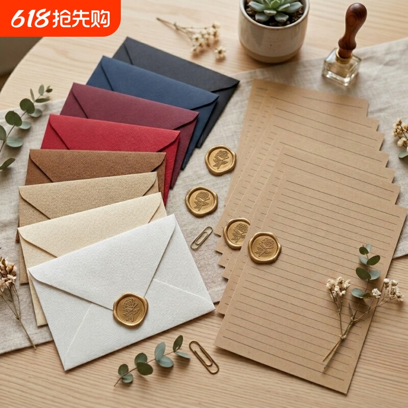 麻布树纹蕾丝镂空云霄纹橄榄绿牛油果触感绿加厚高级信封信纸火漆印套
