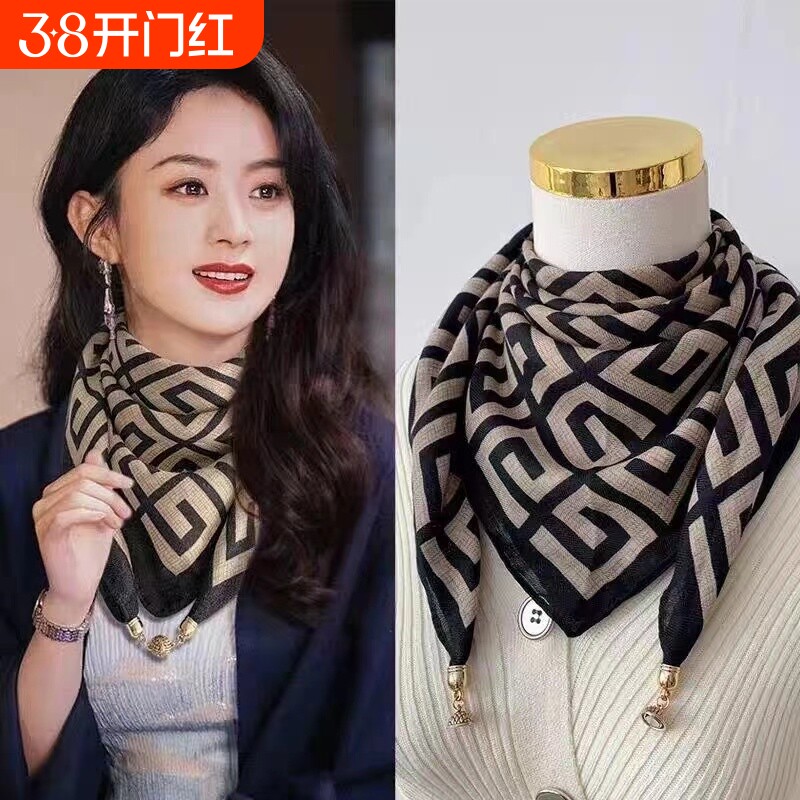 磁吸三角护颈小围巾女秋冬季2024新款棉麻丝巾高级感脖子方巾围脖
