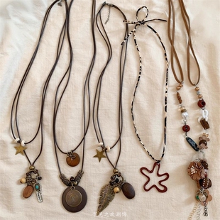 民族风新中式古铜叠戴项链女波西米亚风长款毛衣链挂脖配饰皮绳