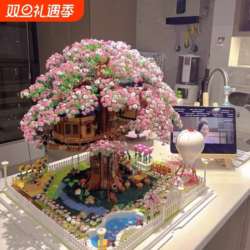 永生玫瑰花束积木盆栽樱花树屋女孩系列建筑模型拼装玩具生日礼物