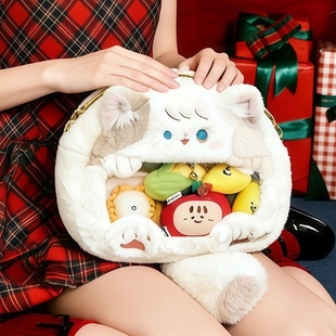 可爱毛绒痛包双肩款小食量冬季外出白色吧唧手提可放娃谷两用娃包