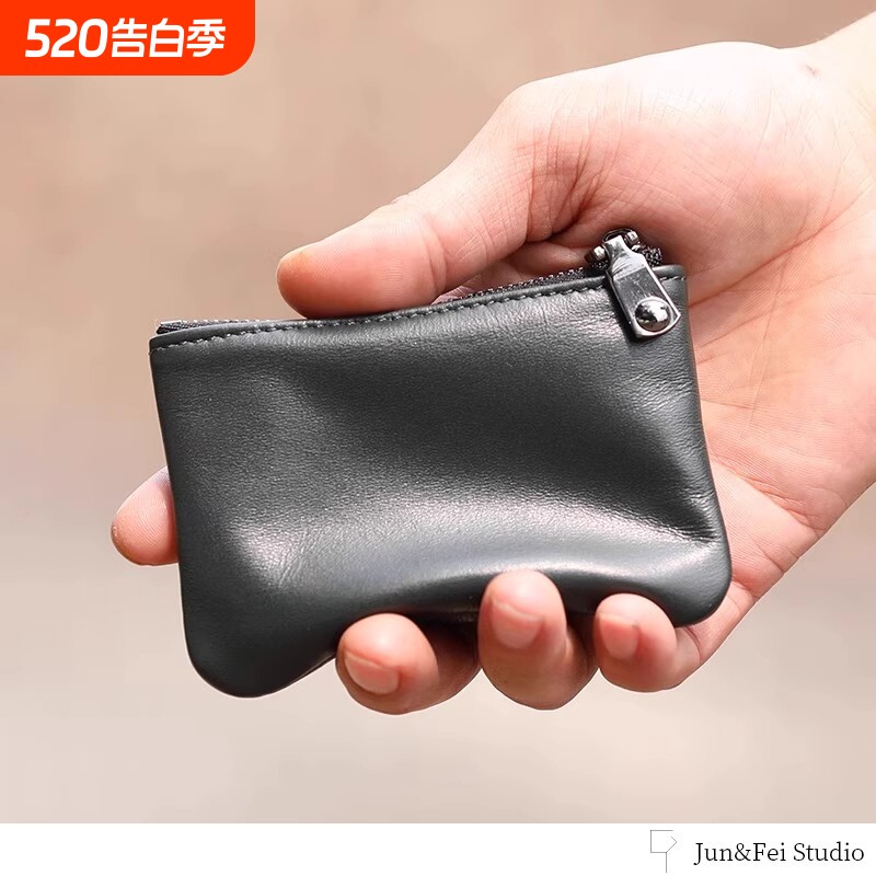 新款真皮质感拉链零钱钥匙包男士短款纯色小钱包迷你硬币手包女
