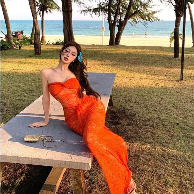 美式甜妹气质镂空蕾丝长裙海边度假风橘色抹胸纯欲包臀泳装三件套