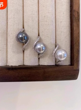 夏季轻奢闪钻交叉可调节纯银戒指单颗珍珠大溪地黑高级感指环澳白