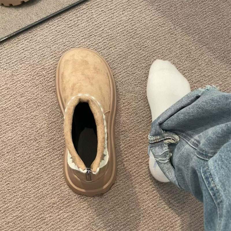 绒面勃肯加绒短靴女小个子厚底马丁靴雪地靴冬季毛绒防水卡其色