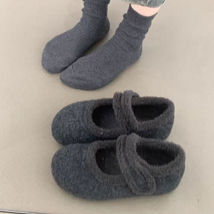 内增高厚底勃肯鞋女加绒灰色玛丽珍毛毛鞋女冬外穿呢子棉鞋子浅口