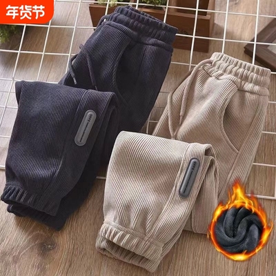 灯芯绒加绒冬季中大童裤子男宽松潮流束脚休闲运动童装A卡其色