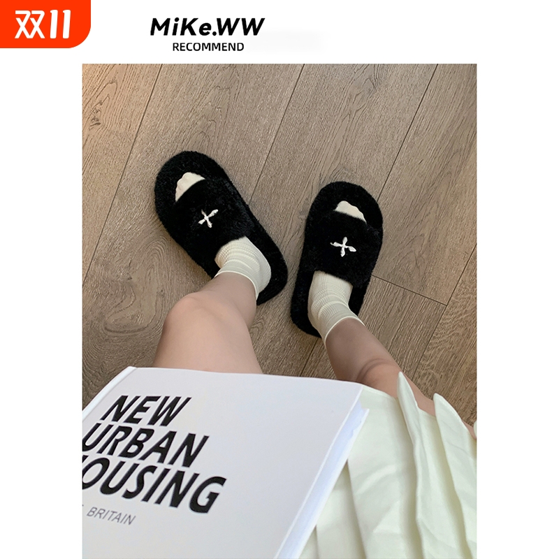 毛毛拖鞋女外穿2025秋冬新款韩版ins潮鞋毛茸茸刺绣居家厚底拖鞋