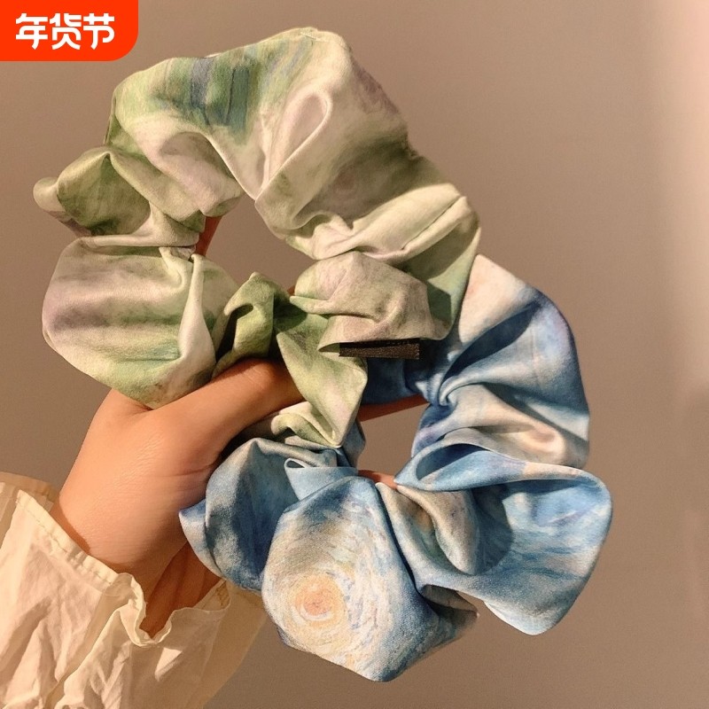 2025春夏新款静谧水墨油画风蓝色大肠发圈女高级感新中式发绳发饰