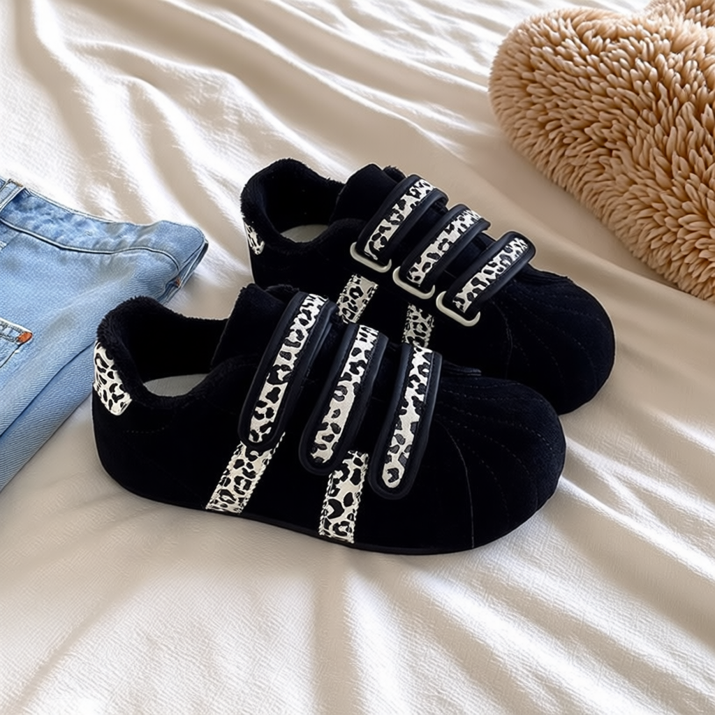 鹿谷可可加绒豹纹德训鞋子女2025冬季新款爆款保暖魔术贴百搭棉鞋